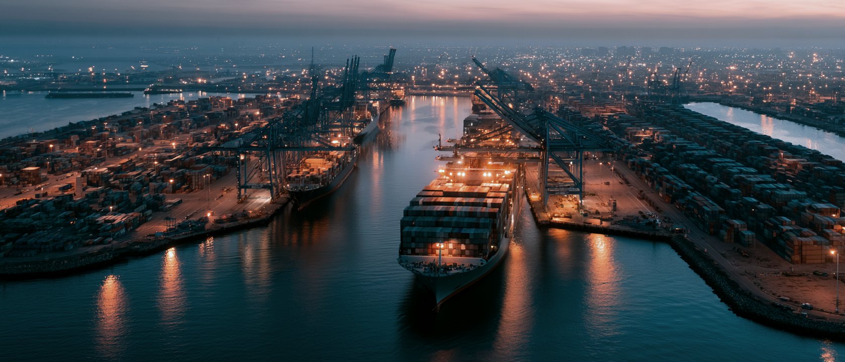 Container terminal at dusk